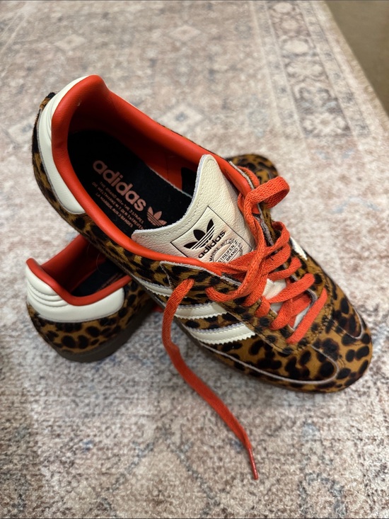 adidas Shoes - Adidas Leopard Print Samba with Cream Stripes and Red-Orange Details